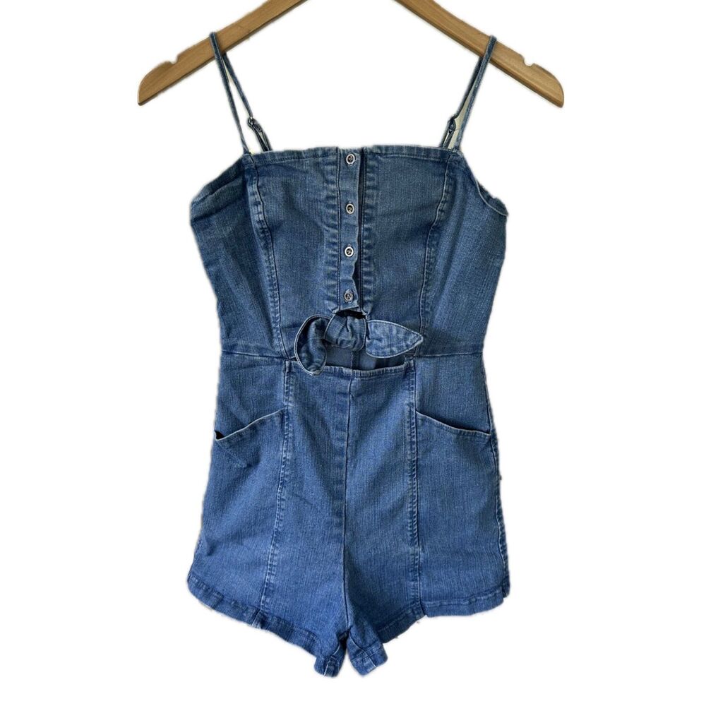 Blashe Corset Button Up Style Smocked Back Cut Out Front Tie Denim Romper S